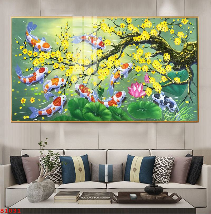 S1031 - Tranh tráng gương hoa sen cửu ngư
