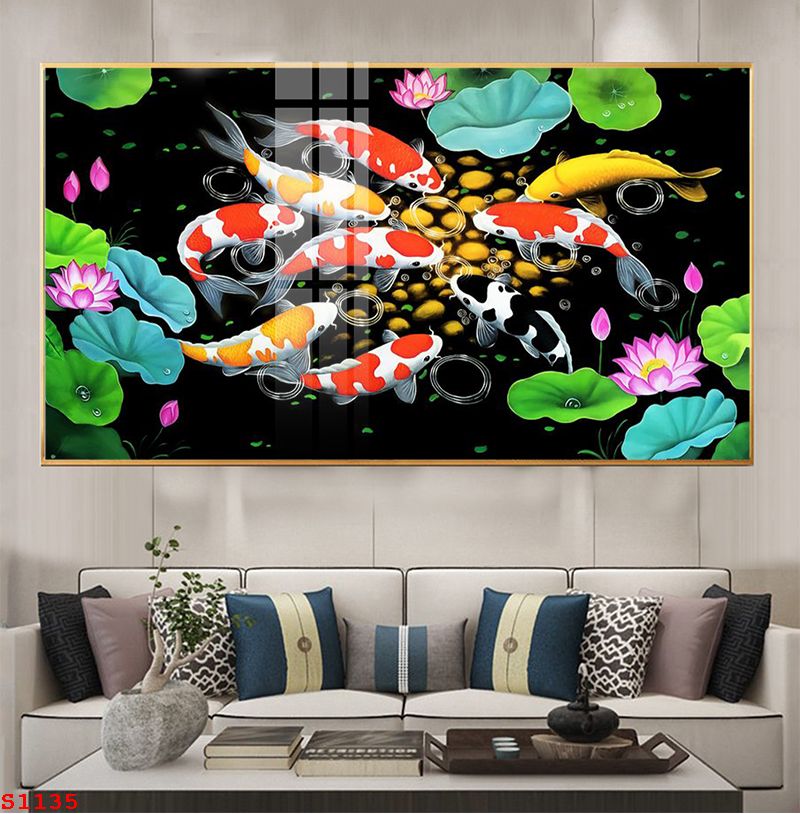 S1135 - Tranh tráng gương hoa sen cửu ngư