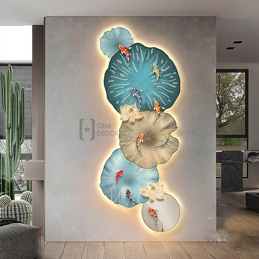 Tranh Treo Tuong Trang Guong Cao Cap 3D LED Hoa Sen Va Ca Trang Tri Nha Quan Ca Phe Hien Dai OHA Decor 1 - TRANH TRÁNG GƯƠNG 3D LED ĐỒNG NAI CHO CAFE tranh tráng gương 3D LED Đồng Nai