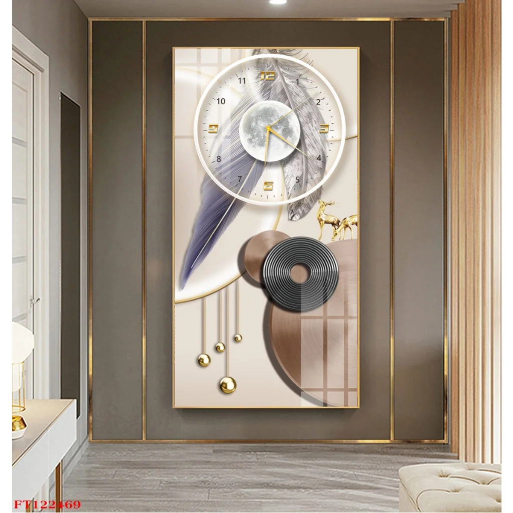 SKU 0202 4 2 - Tranh 3D Led Đồng Hồ Treo Tường Lông Vũ Và Nai