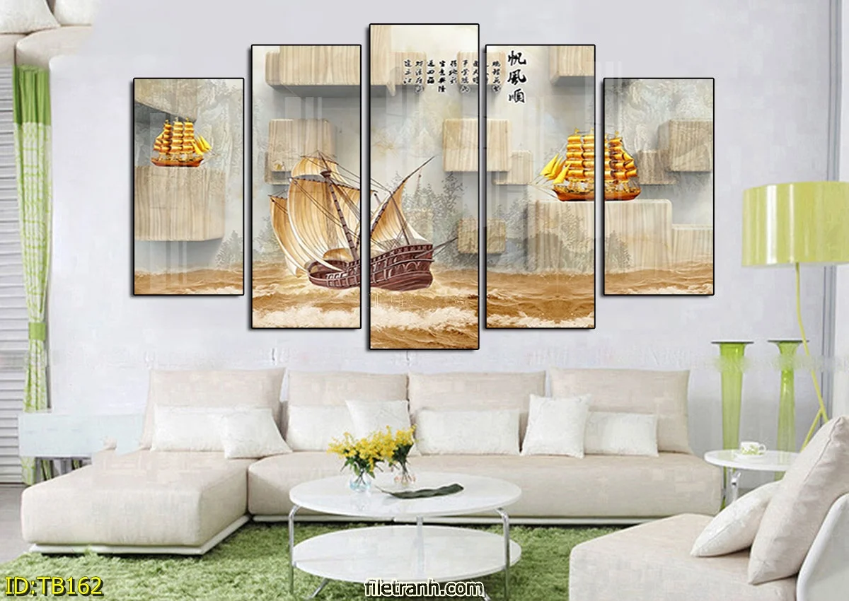 TB162 2 - Tranh tráng gương Phong thủy Thuận buồm xuôi gió bộ 5 bức