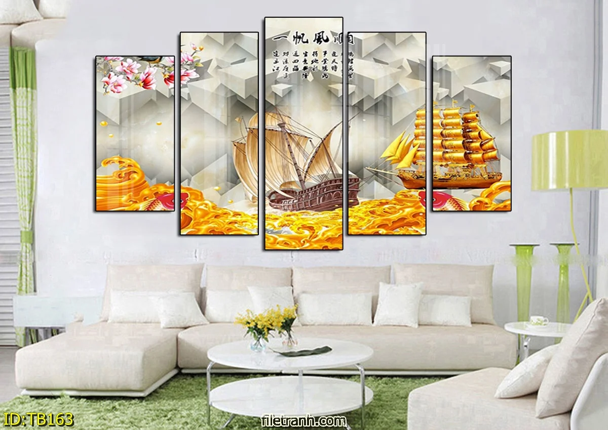 TB163 2 - Tranh tráng gương Phong thủy Thuận buồm xuôi gió bộ 5 bức