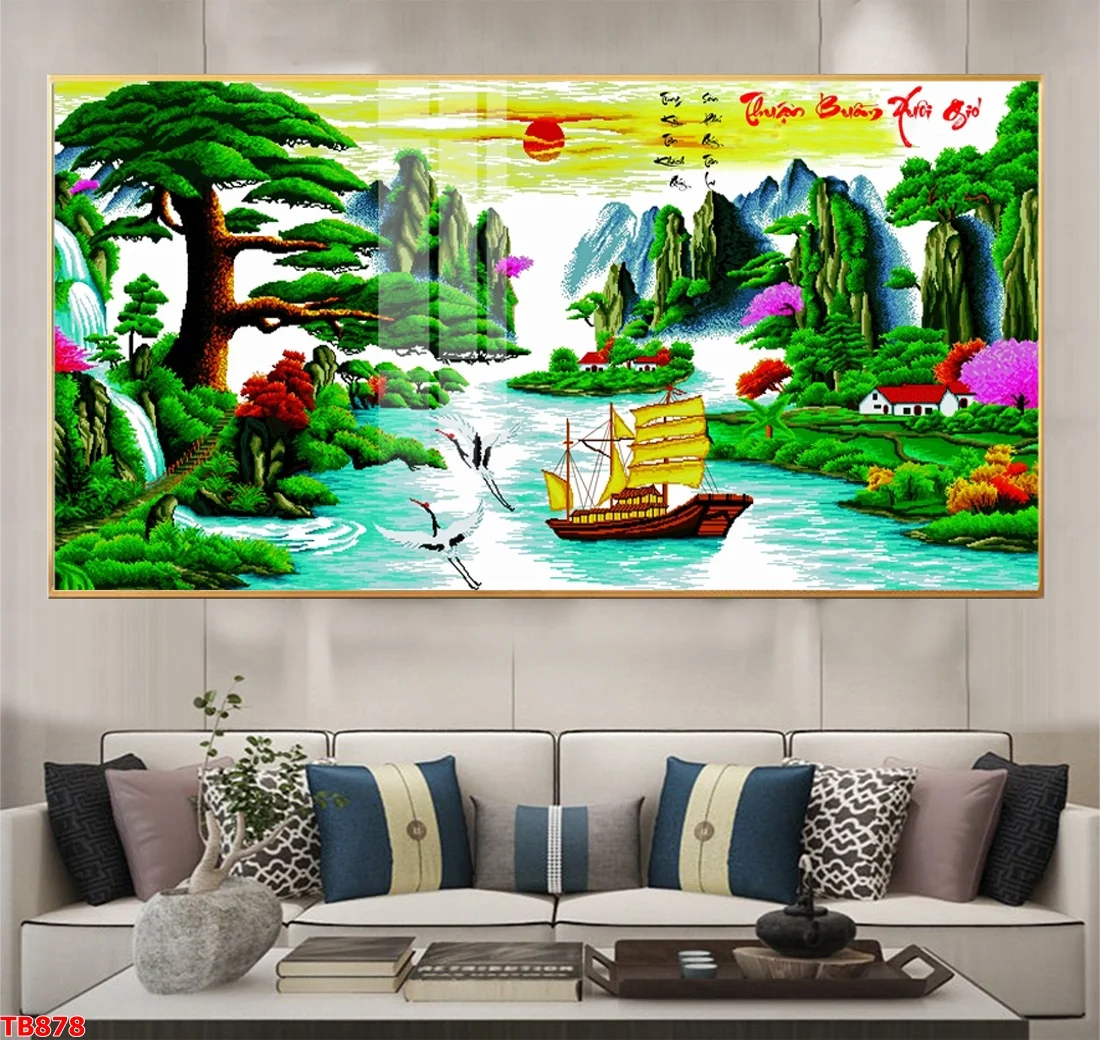 TB878 2 - Tranh tráng gương Phong thủy Thuận buồm xuôi gió bộ ngang