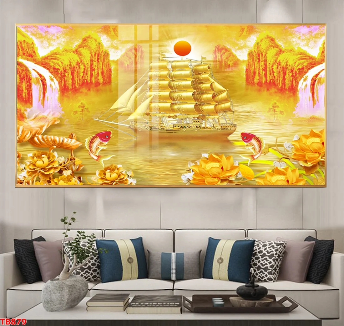 TB879 2 - Tranh tráng gương Phong thủy Thuận buồm xuôi gió bộ ngang