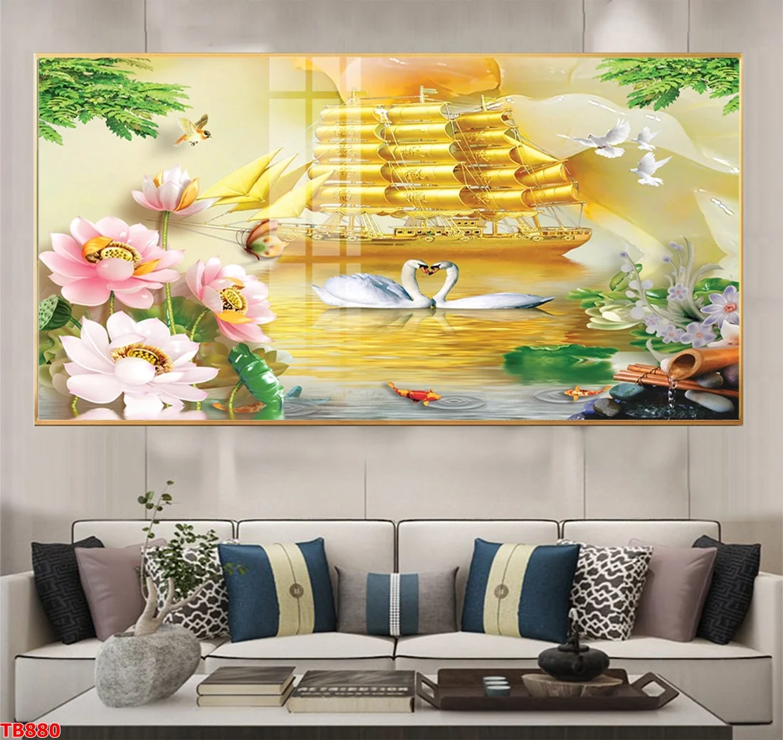 TB880 2 - Tranh tráng gương Phong thủy Thuận buồm xuôi gió bộ ngang