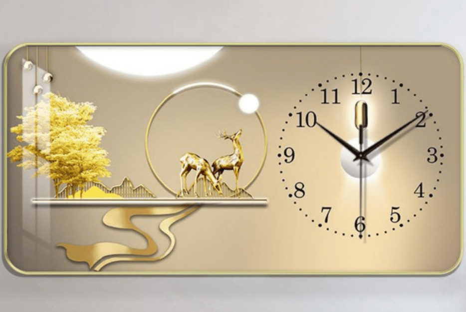 Tranh 3D Led Đồng Hồ Treo Tường Lông Vũ Và Nai 