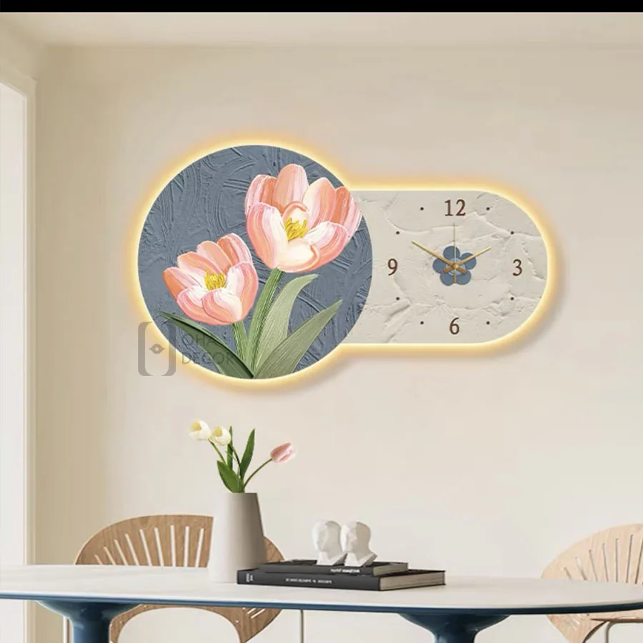 tranh trang guong 3d led dong ho va hoa ohadecor 1 1 - Tranh Tráng Gương 3D LED Đồng Hồ Và Hoa