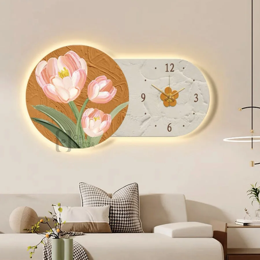 tranh trang guong 3d led dong ho va hoa ohadecor 2 1 - Tranh Tráng Gương 3D LED Đồng Hồ Và Hoa