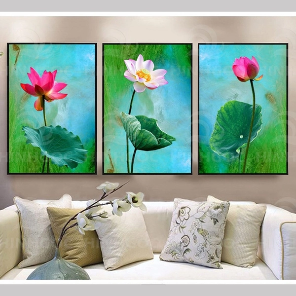 tranh tráng gương hoa sen trắng và hồng Bộ 3 tấm Tranh Tráng Gương Hoa Sen Hồng