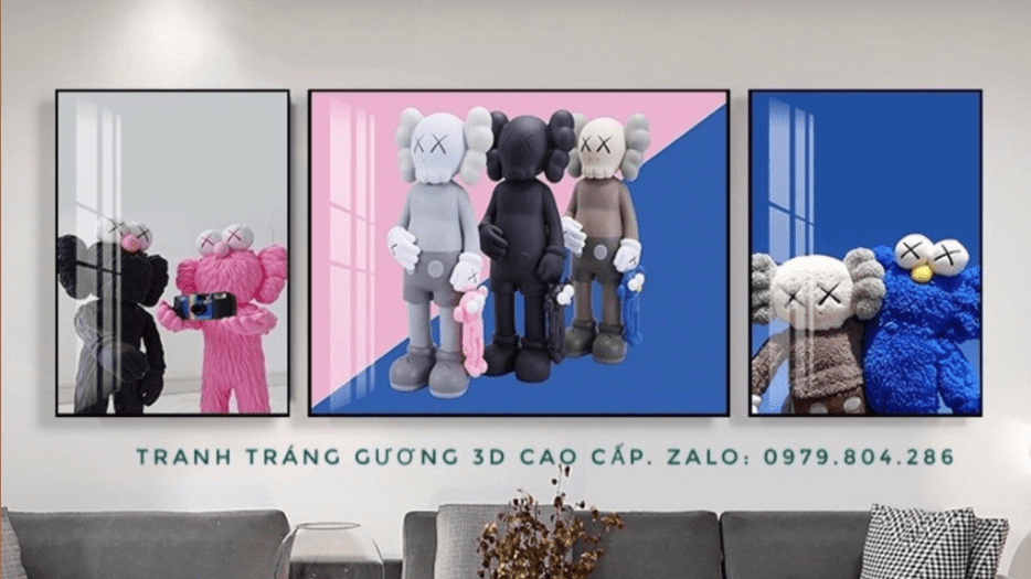 Bộ 3 Tranh Treo Tường Gấu Kaws Bearbrick Toy Tráng Gương