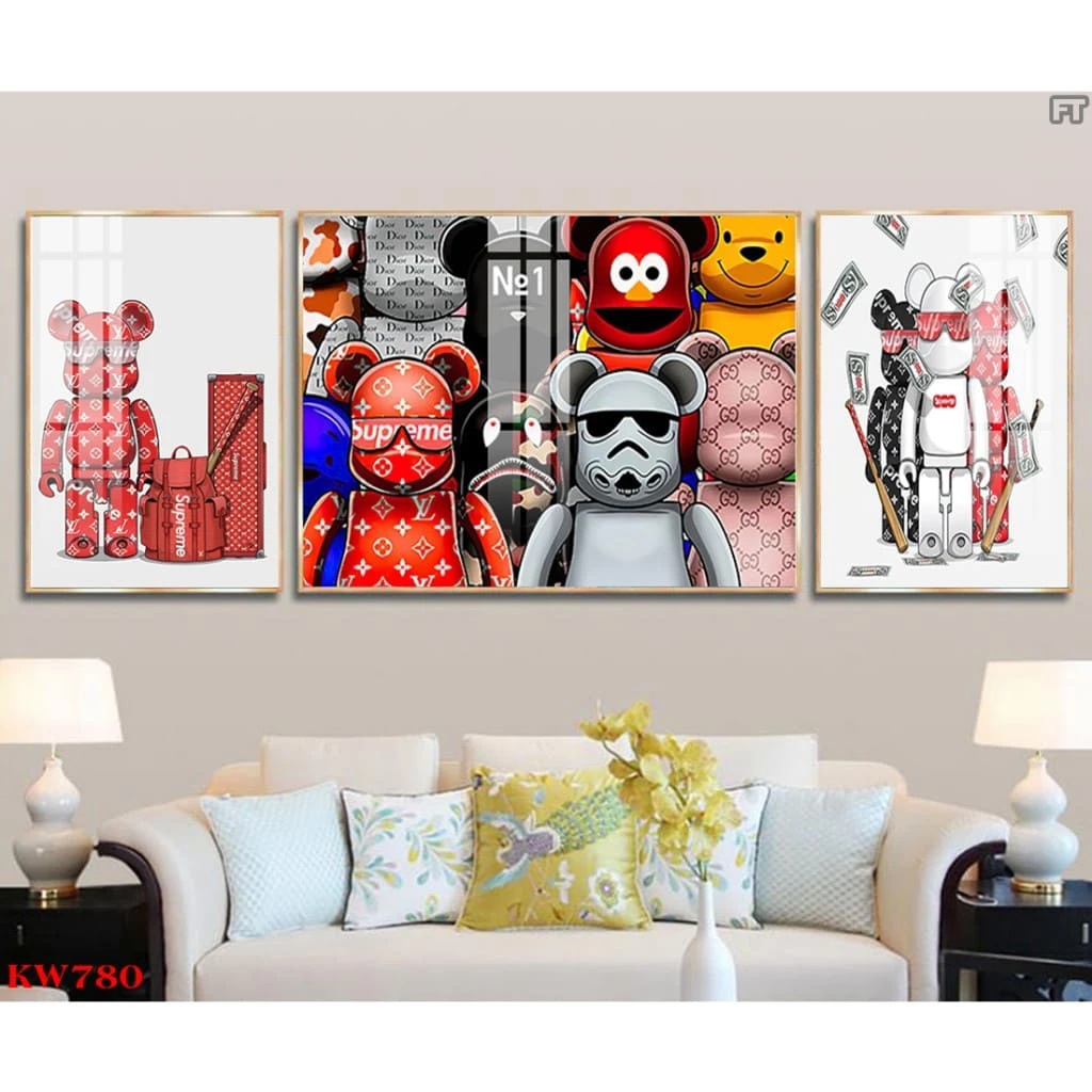 Bộ 3 Tranh Treo Tường Gấu Kaws Bearbrick Toy Tráng Gương Hot Trend Độc Đáo Trang Trí Phòng, Quán Cafe