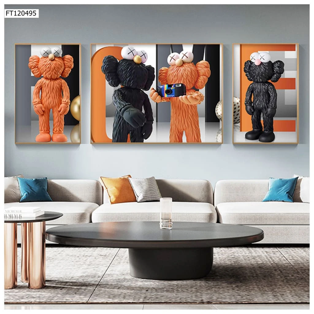 Bộ 3 Tranh Treo Tường Gấu Kaws Bearbrick Tráng Gương Cao Cấp, Hiện Đại