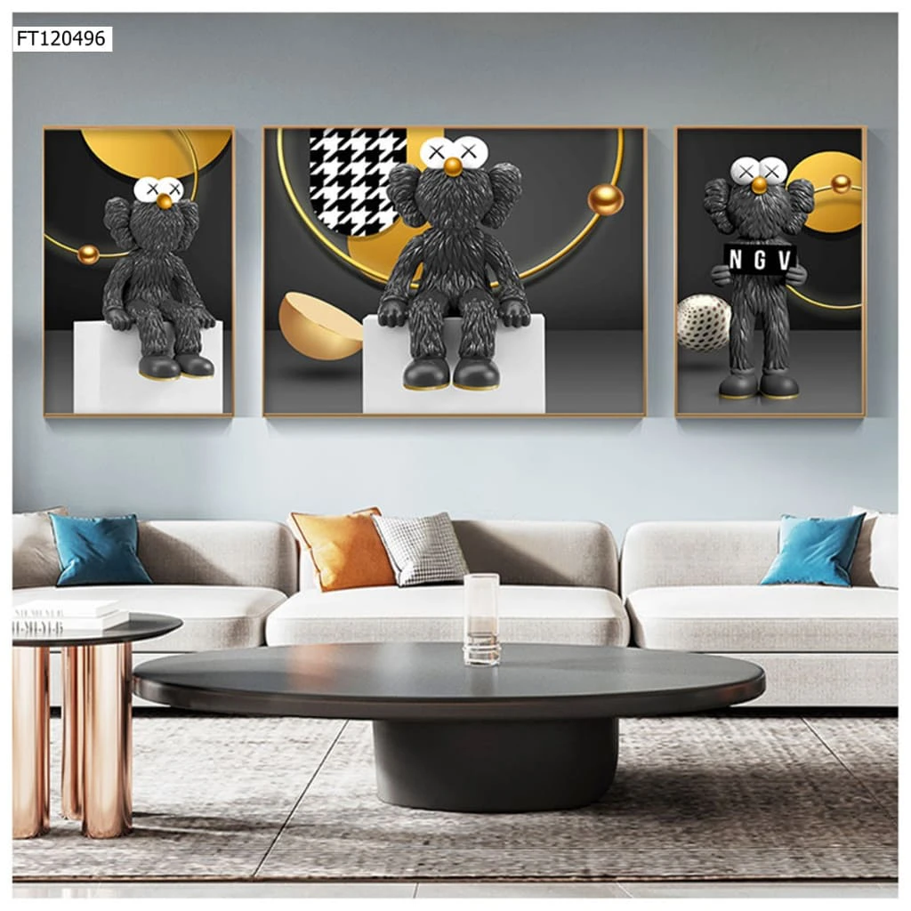 Bộ 3 Tranh Treo Tường Gấu Kaws Bearbrick Tráng Gương Cao Cấp, Hiện Đại