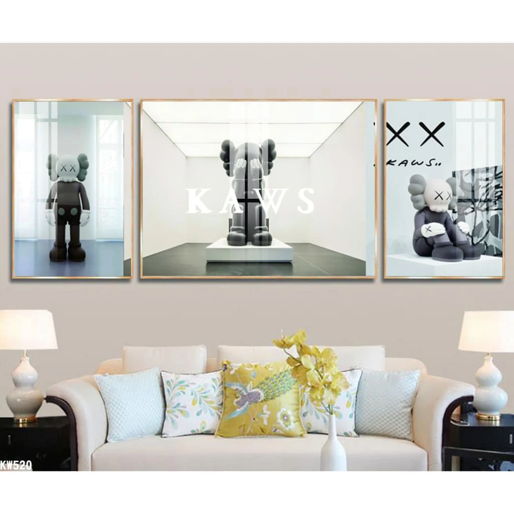 Bộ 3 Tranh Treo Tường Gấu Kaws Bearbrick Tráng Gương Cao Cấp, Hiện Đại