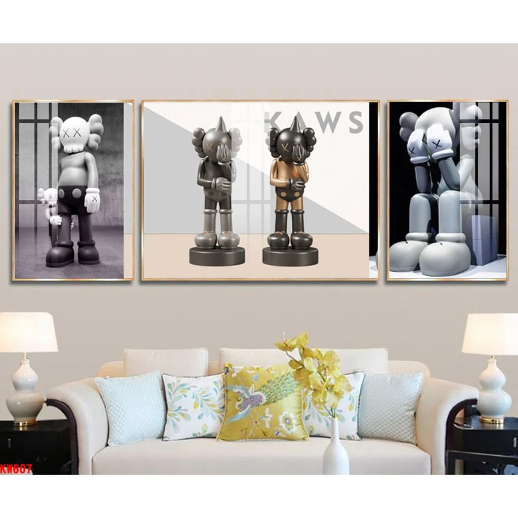 Bộ 3 Tranh Treo Tường Gấu Kaws Bearbrick Tráng Gương Cao Cấp, Hiện Đại