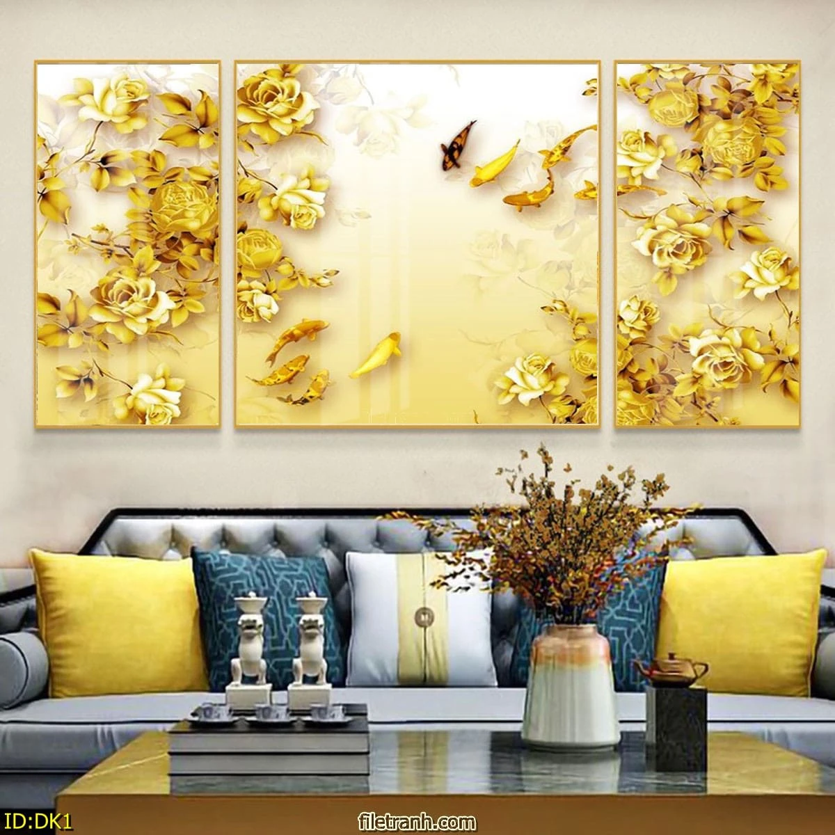 Bộ 3 Tranh Treo Tường Hoa Cúc Hoa Mai Hoa Kim Tiền