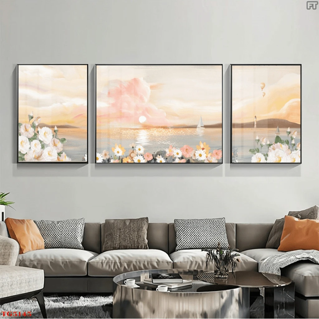 Bộ 3 Tranh Treo Tường Tráng Gương Cao Cấp Phong Cảnh Và Hoa