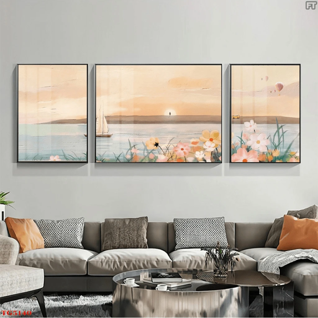 Bộ 3 Tranh Treo Tường Tráng Gương Cao Cấp Phong Cảnh Và Hoa