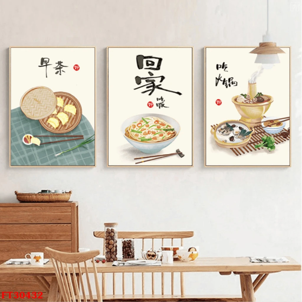 Bộ 3 Tranh Treo Tường Tráng Gương Họa Tiết Đồ Ăn Phong Cách Nhật Bản