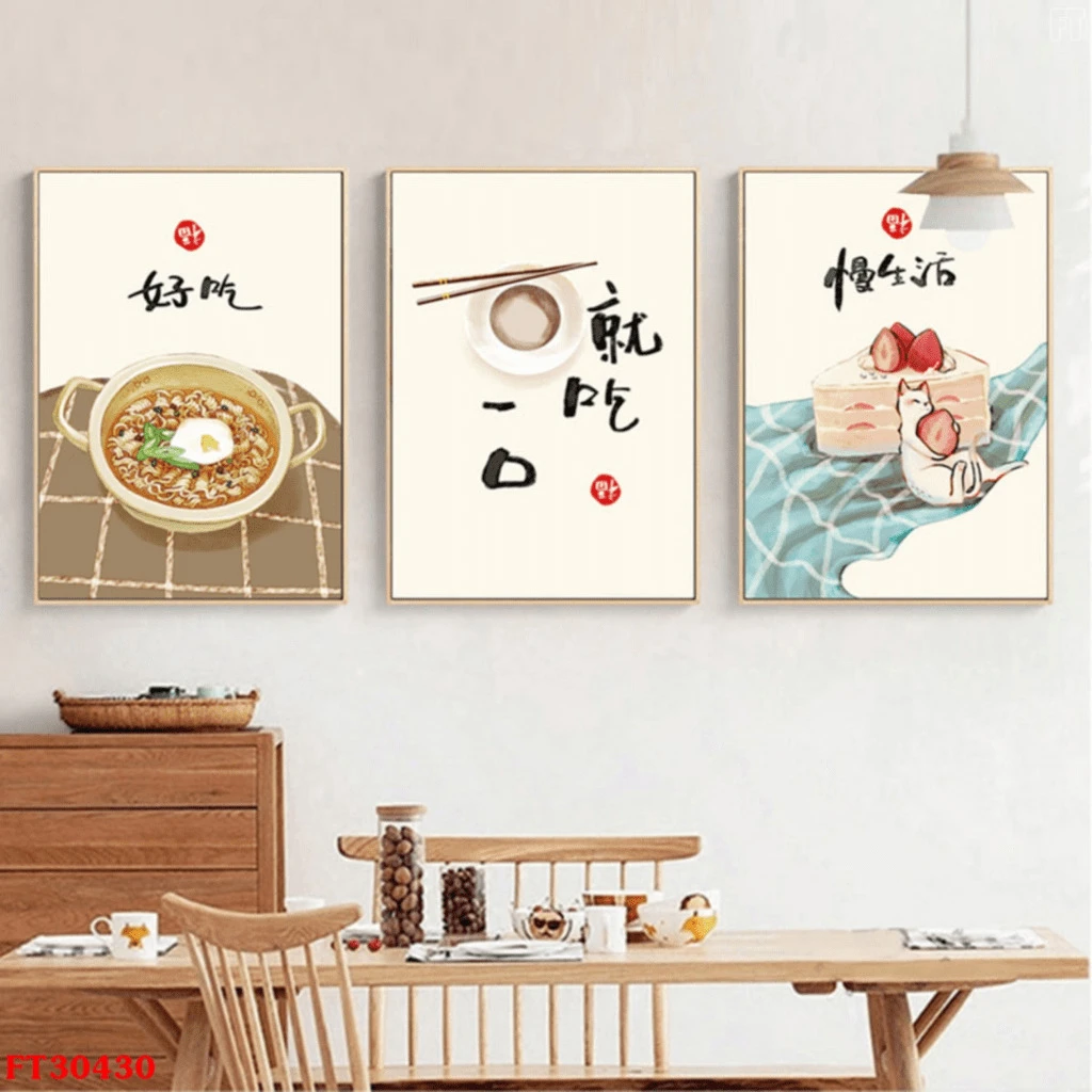 Bộ 3 Tranh Treo Tường Tráng Gương Họa Tiết Đồ Ăn Phong Cách Nhật Bản
