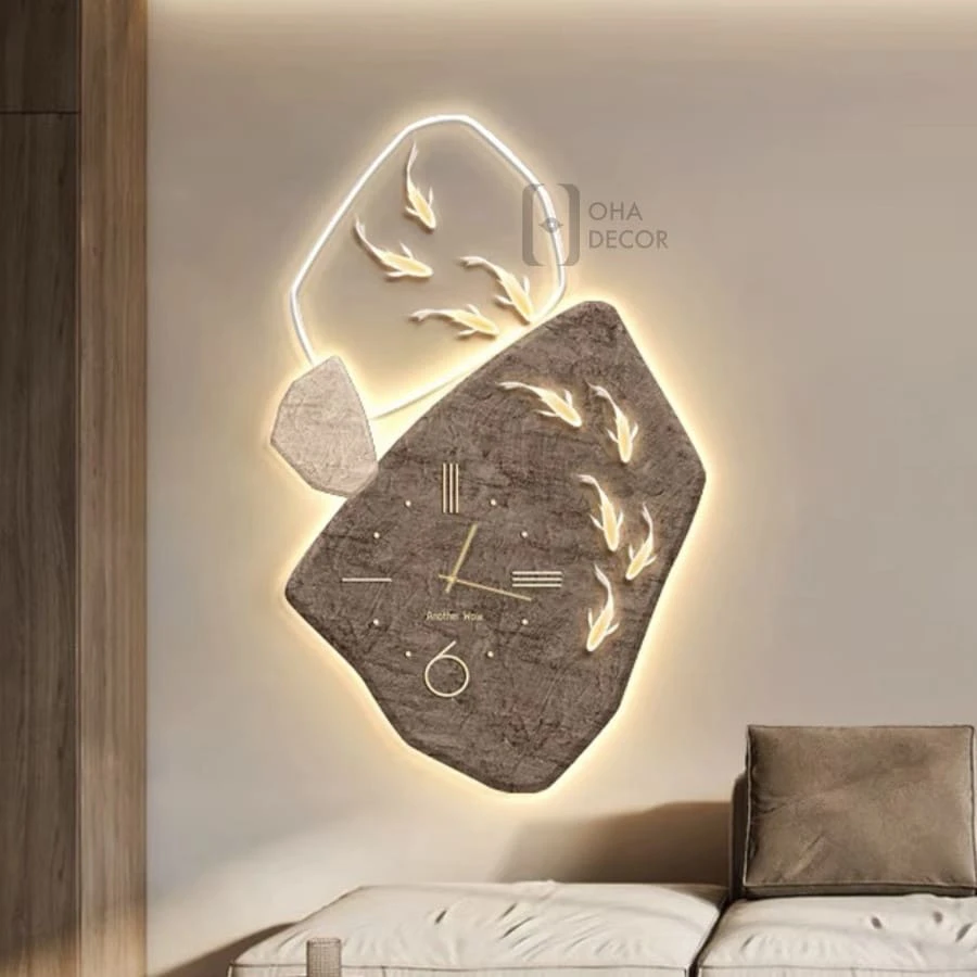 Tranh 3D LED Đồng Hồ Cửu Ngư Cá Chép Trang Trí Phòng Khách Quán Cà Phê