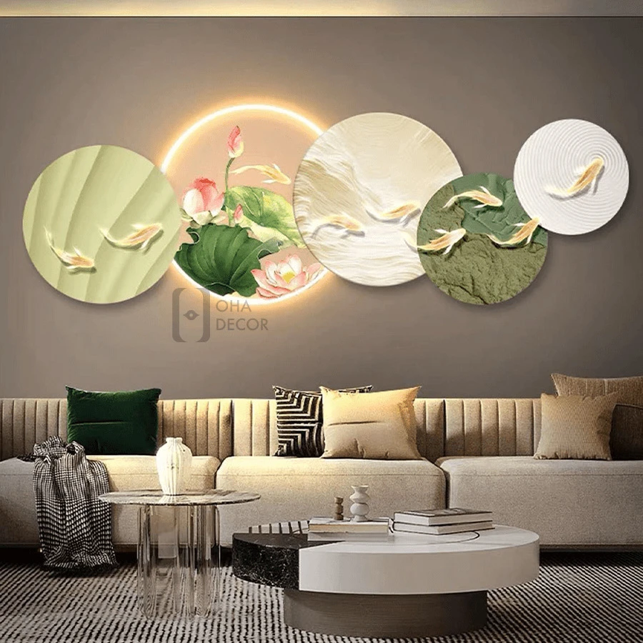 Tranh Cắt 3D LED Phong Thuỷ Hoa Sen Cửu Ngư Cá Chép
