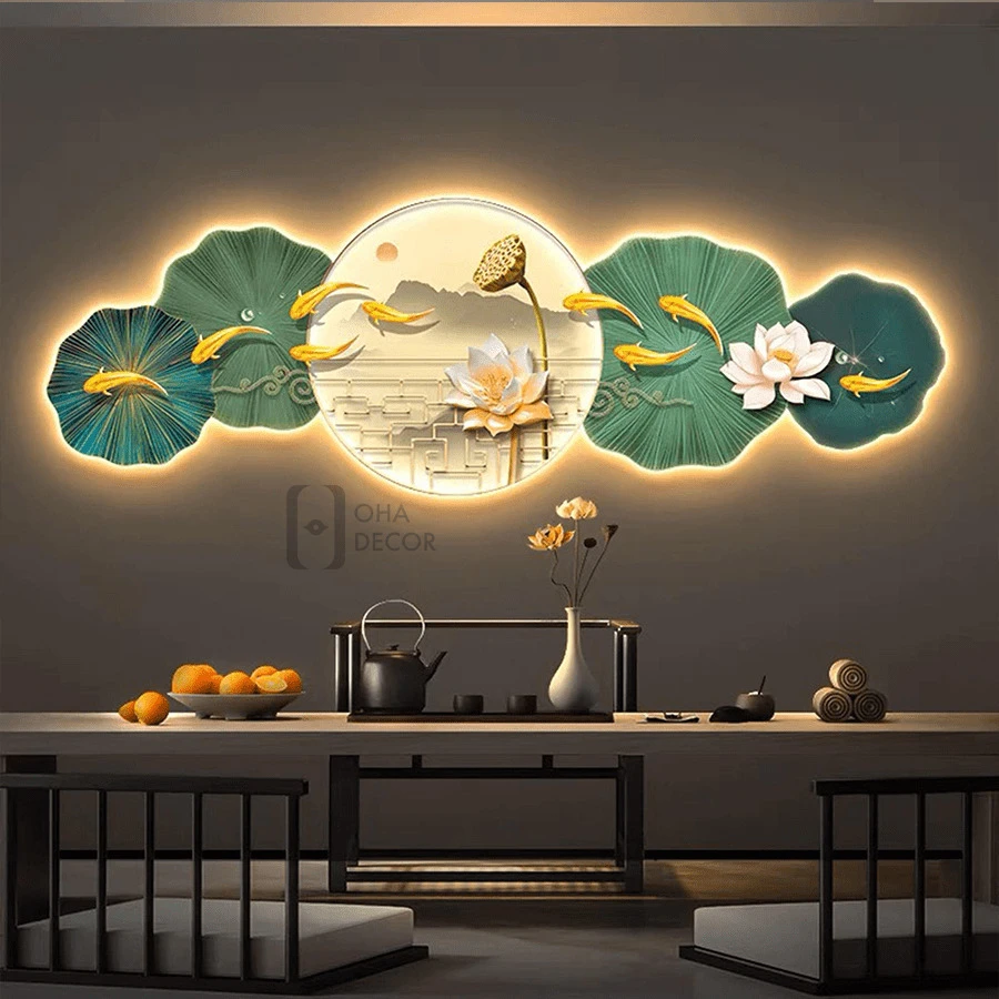 Tranh Cắt 3D LED Phong Thuỷ Hoa Sen Cửu Ngư Cá Chép