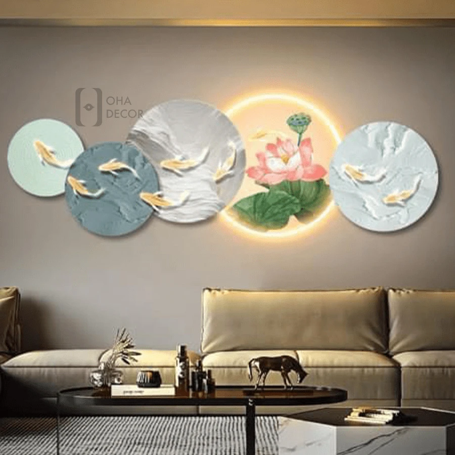Tranh Cắt 3D LED Phong Thuỷ Hoa Sen Cửu Ngư Cá Chép