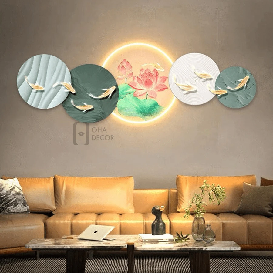 Tranh Cắt 3D LED Phong Thuỷ Hoa Sen Cửu Ngư Cá Chép