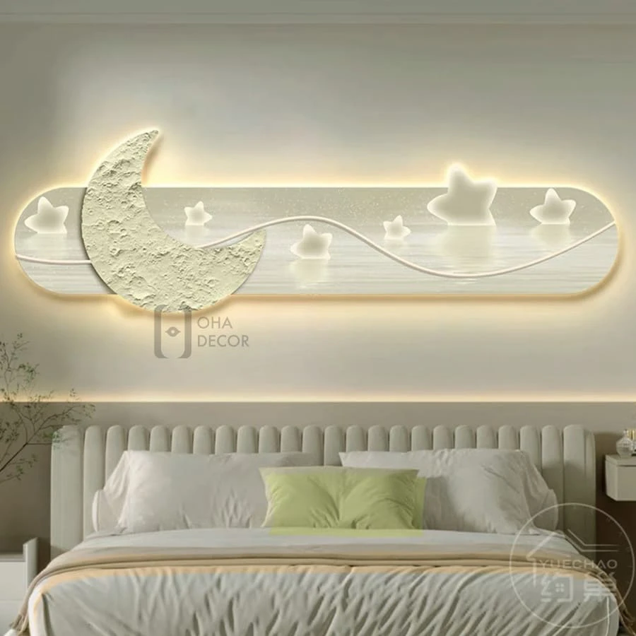 Tranh Đèn LED Cắt 3D Mặt Trăng Ngôi Sao Trang Trí Phòng Khách, Quán Cà Phê