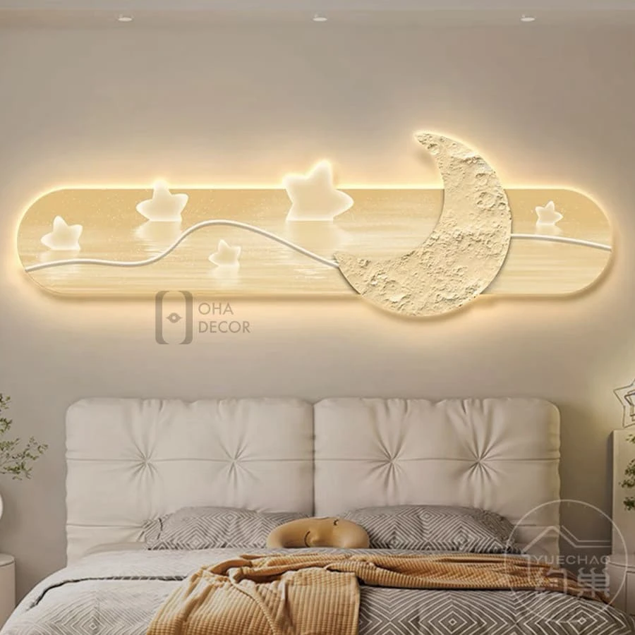 Tranh Đèn LED Cắt 3D Mặt Trăng Ngôi Sao Trang Trí Phòng Khách, Quán Cà Phê