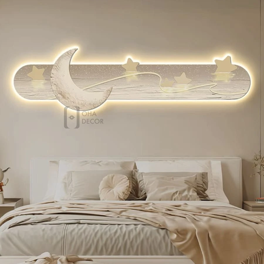 Tranh Đèn LED Cắt 3D Mặt Trăng Ngôi Sao Trang Trí Phòng Khách, Quán Cà Phê
