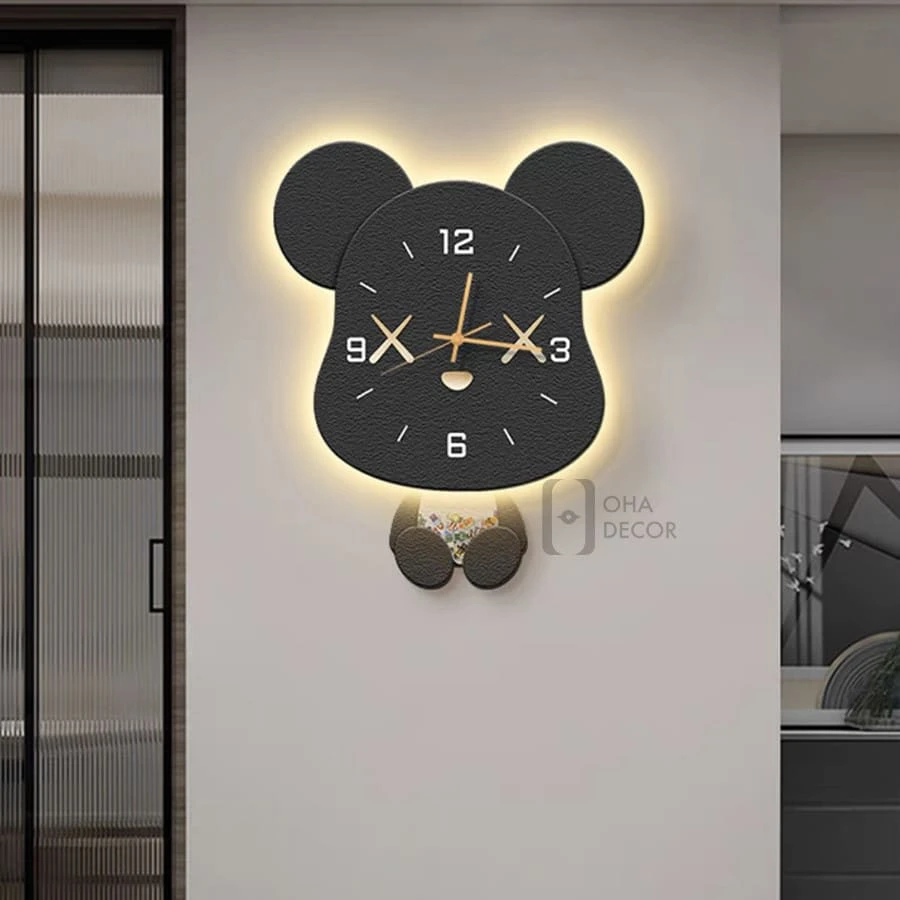 Tranh Đồng Hồ 3D LED Cắt Gấu Đáng Yêu Trang Trí Phòng Khách Quán Cà Phê Hiện Đại Tinh Tế