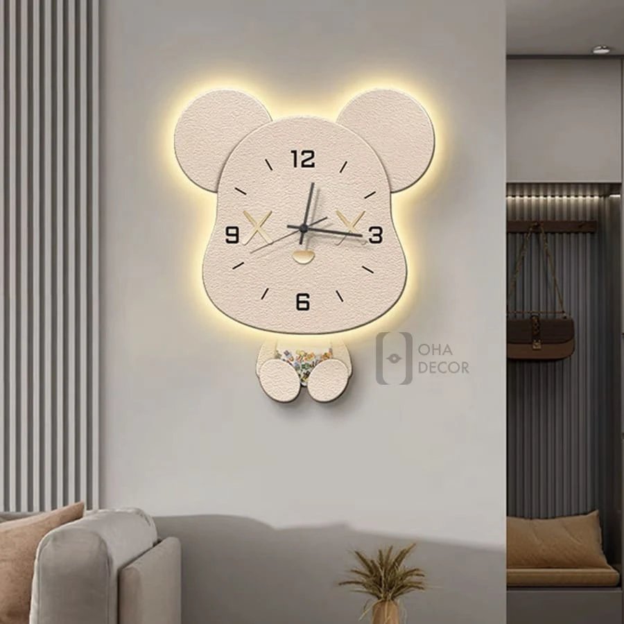 Tranh Đồng Hồ 3D LED Cắt Gấu Đáng Yêu Trang Trí Phòng Khách Quán Cà Phê Hiện Đại Tinh Tế