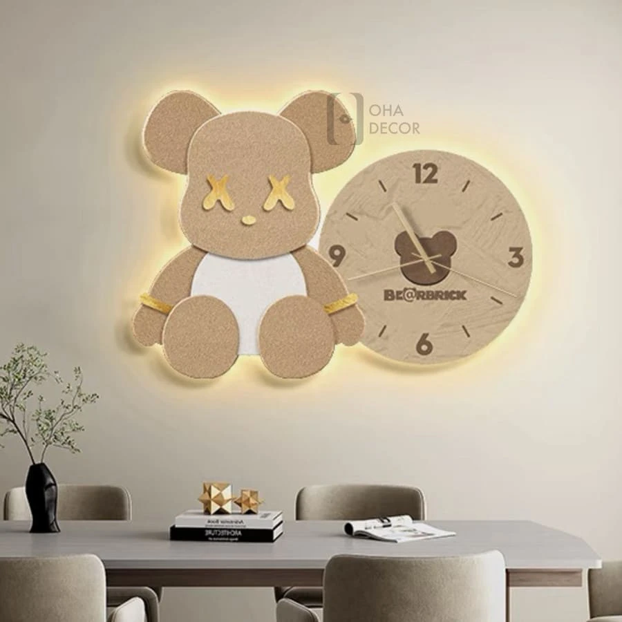 Tranh Đồng Hồ 3D LED Gấu Bearbrick Trang Trí Phòng Khách, Quán Cà Phê
