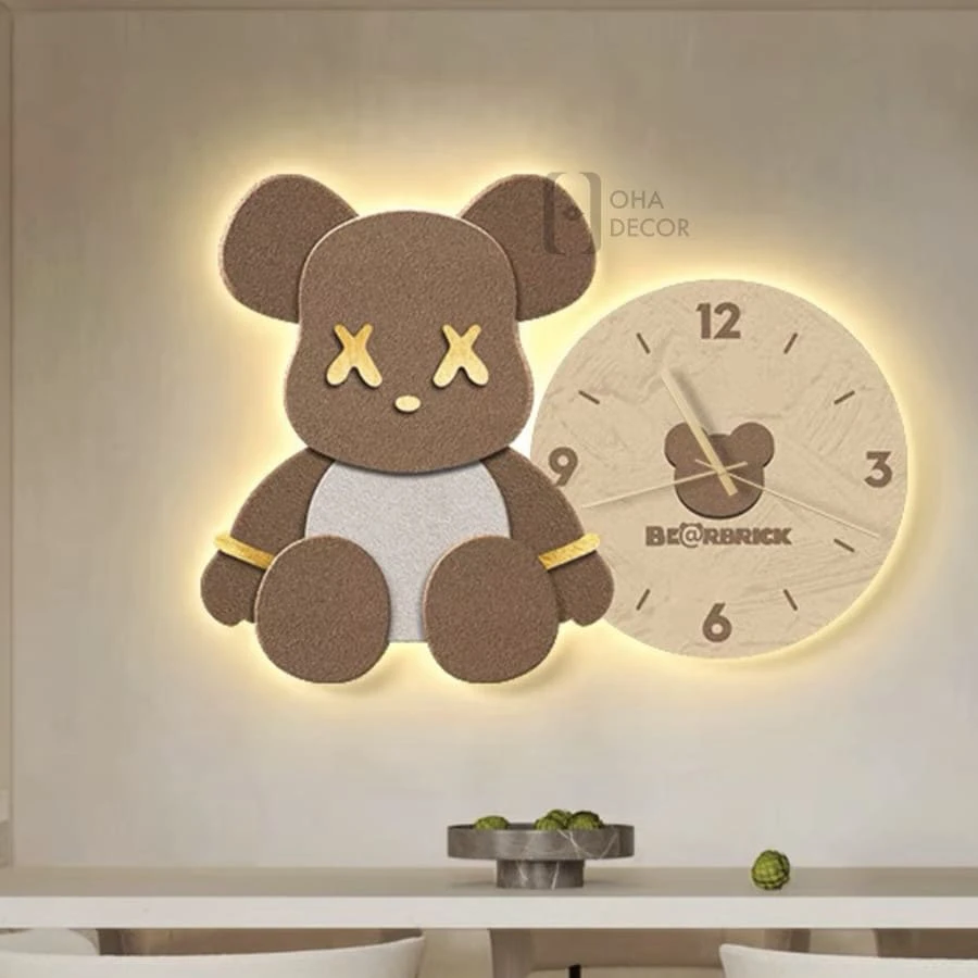 Tranh Đồng Hồ 3D LED Gấu Bearbrick Trang Trí Phòng Khách, Quán Cà Phê