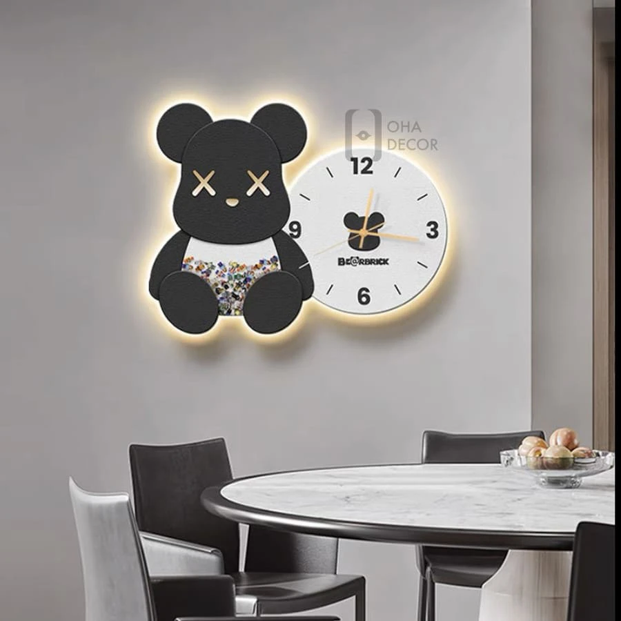Tranh Đồng Hồ 3D LED Gấu Bearbrick Trang Trí Phòng Khách, Quán Cà Phê