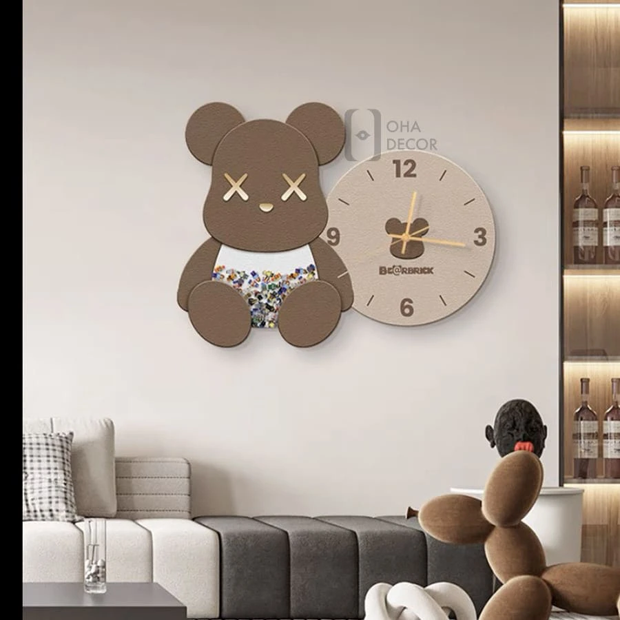 Tranh Đồng Hồ 3D LED Gấu Bearbrick Trang Trí Phòng Khách, Quán Cà Phê
