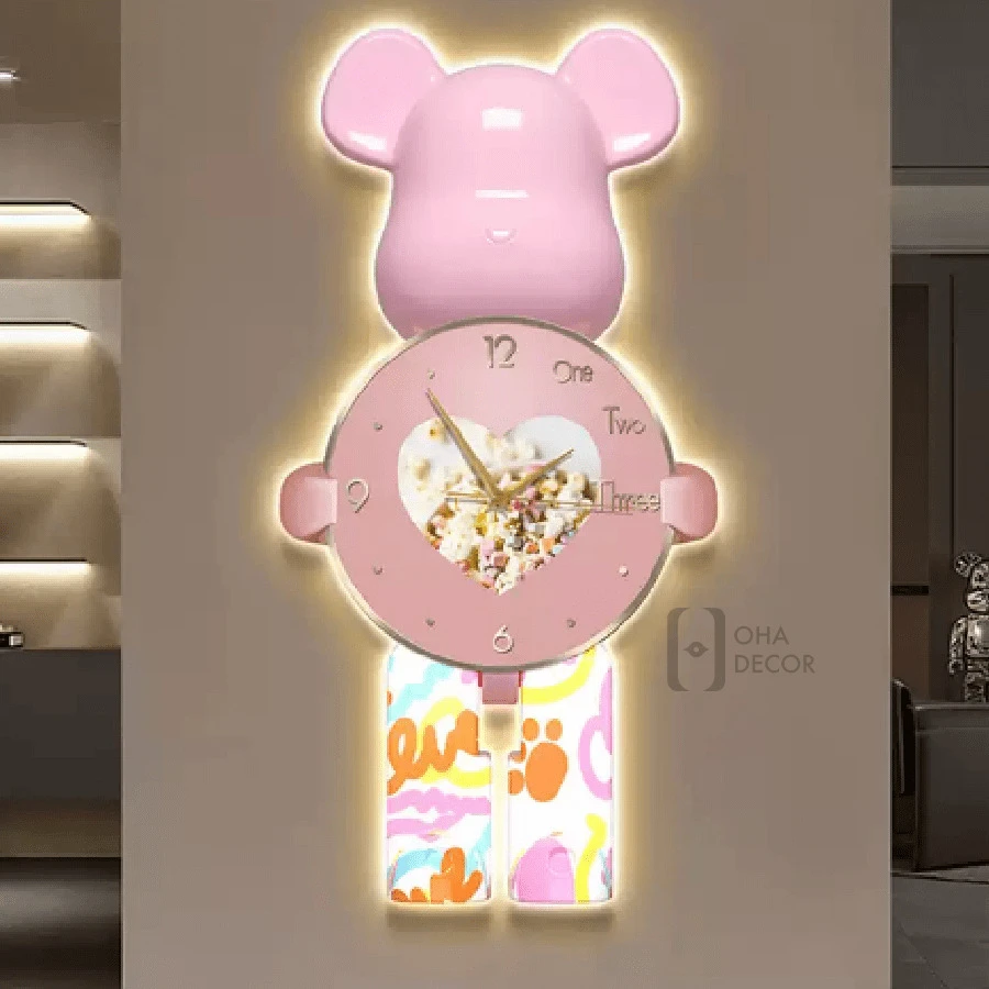 Tranh Treo Tường Đồng Hồ Đèn 3D LED Tráng Gương Cao Cấp Gấu Bearbrick