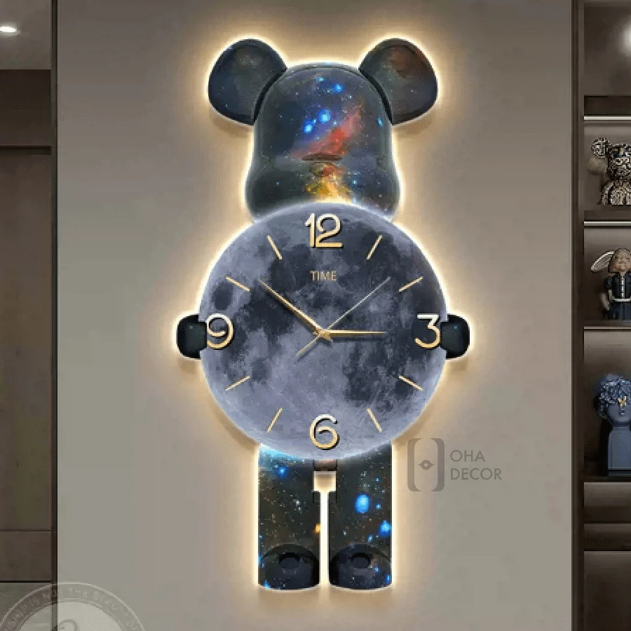 Tranh Treo Tường Đồng Hồ Đèn 3D LED Tráng Gương Cao Cấp Gấu Bearbrick
