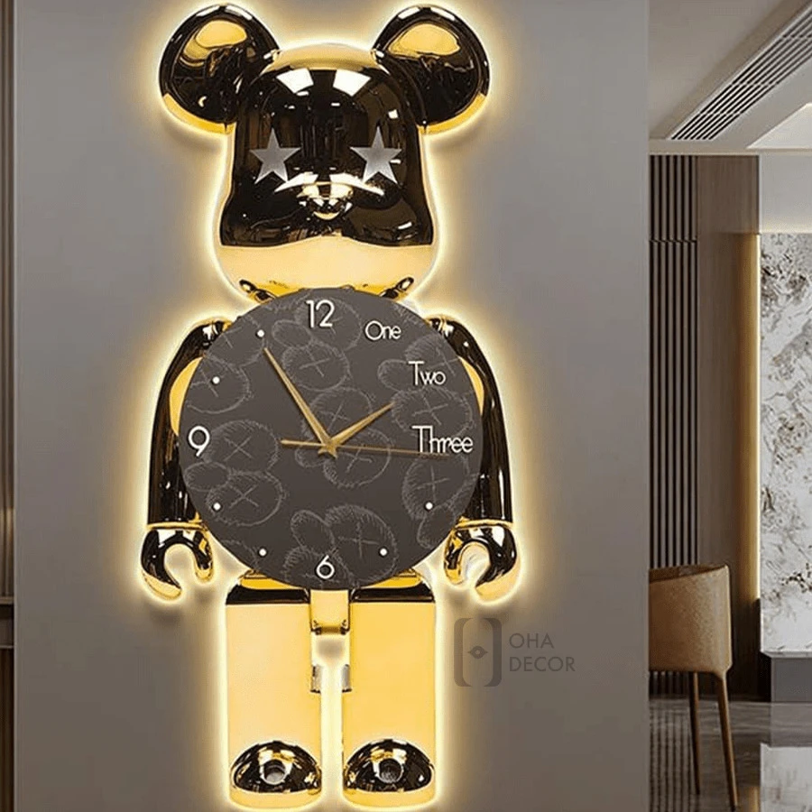 Tranh Treo Tường Đồng Hồ Đèn 3D LED Tráng Gương Cao Cấp Gấu Bearbrick