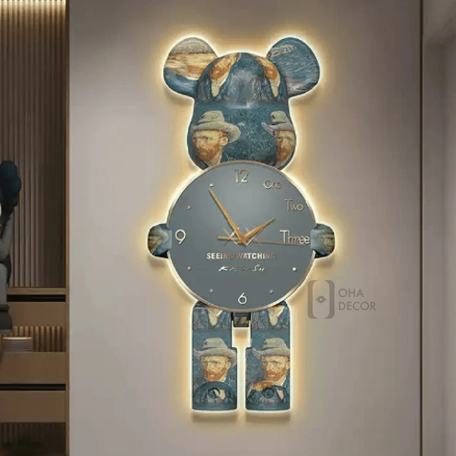 Tranh Treo Tường Đồng Hồ Đèn 3D LED Tráng Gương Cao Cấp Gấu Bearbrick