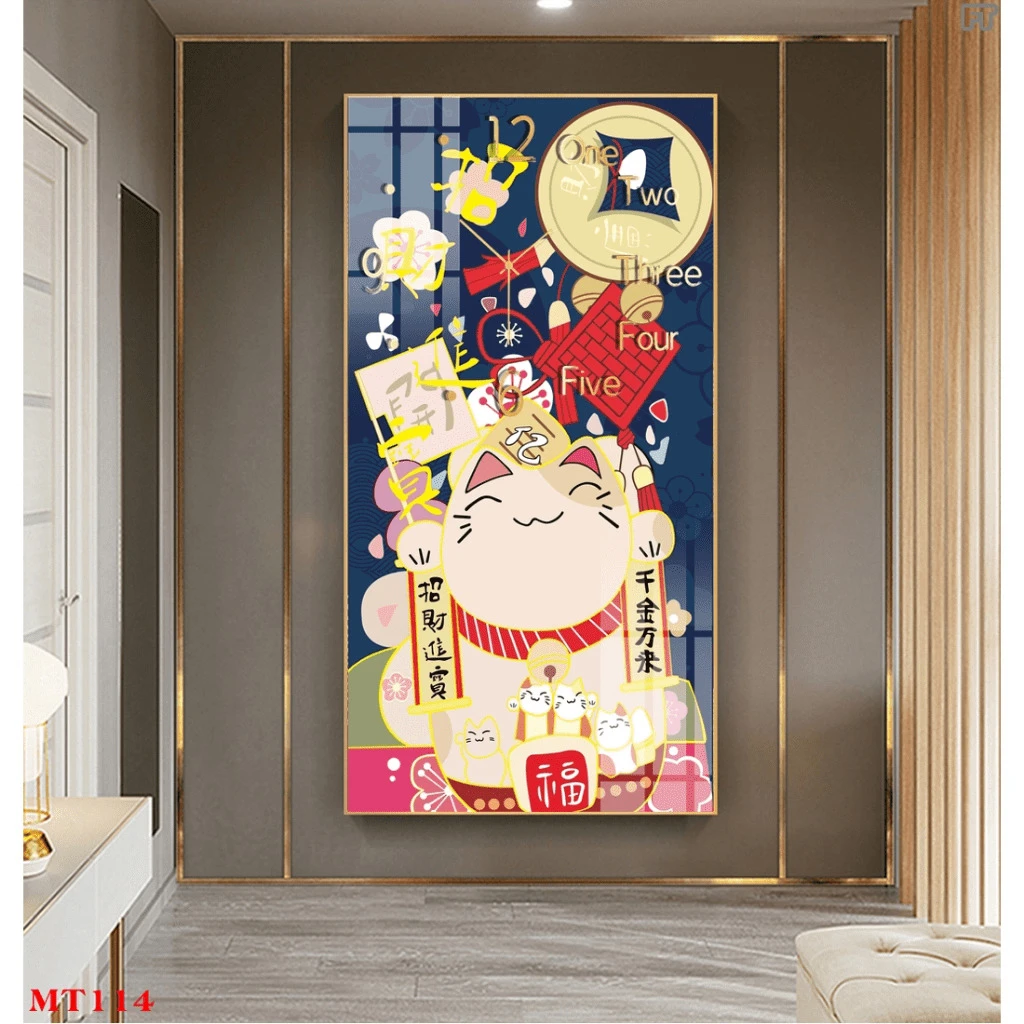 Tranh Treo Tường Đồng Hồ Mèo May Mắn