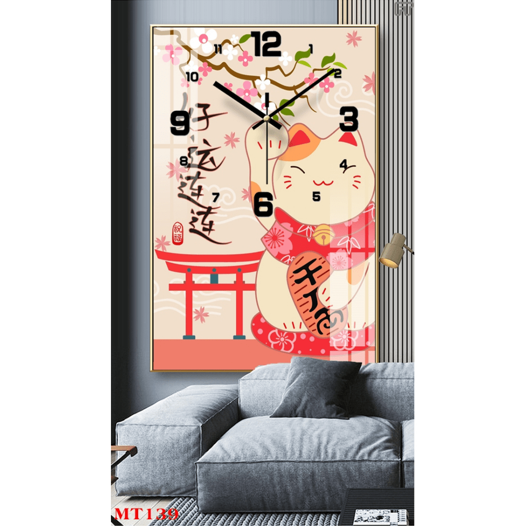 Tranh Treo Tường Đồng Hồ Mèo May Mắn