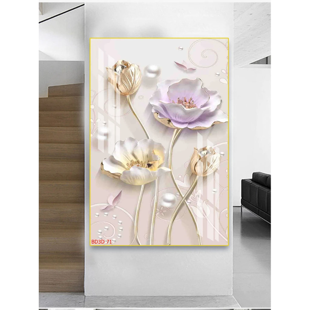 Tranh Treo Tường Tráng Gương Họa Tiết Hoa Sen Lớn