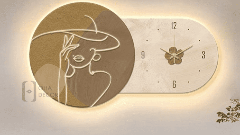 Tranh Cắt 3D Đèn LED Đồng Hồ Cô Gái Trang Trí Phòng Khách Quán Tiệm