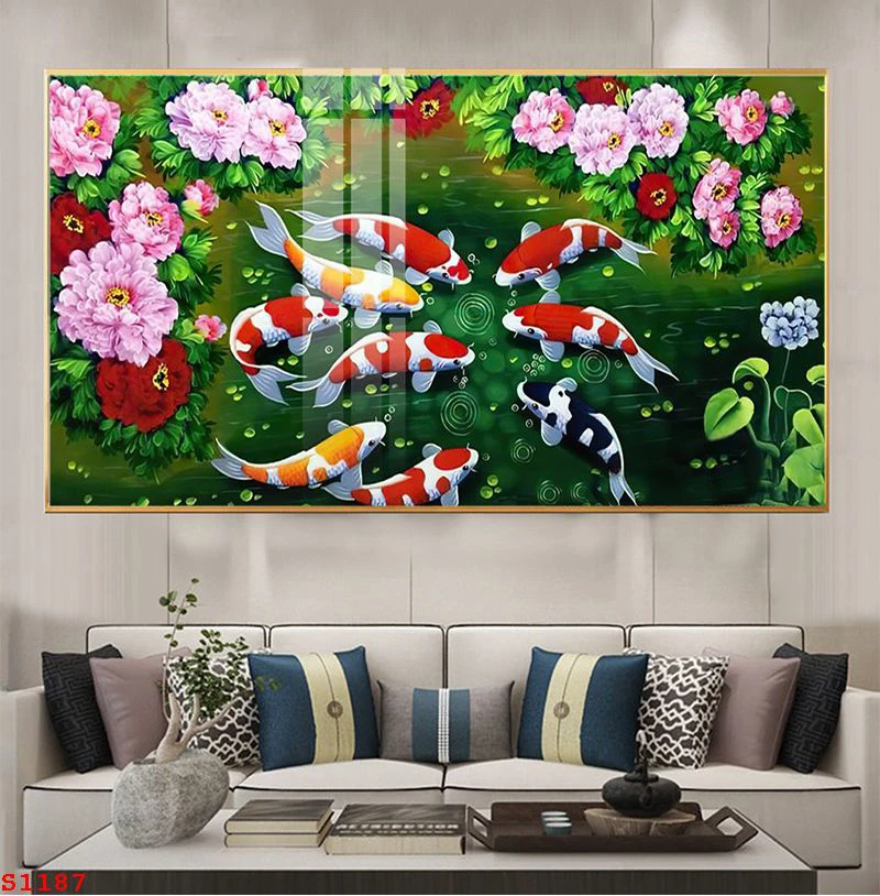 TRANH TRÁNG GƯƠNG CÁ CHÉP CAO BẰNG 5 Tranh tráng gương cá chép  bên hoa mẫu đơn