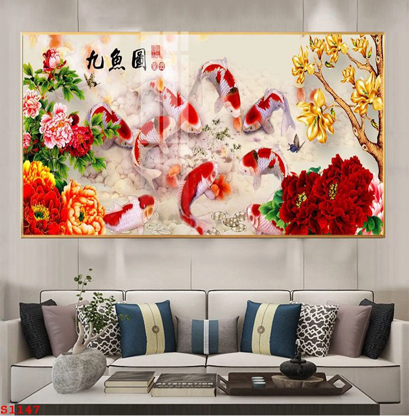 TRANH TRÁNG GƯƠNG CÁ CHÉP CAO BẰNG 4 Tranh tráng gương cá chép  bên hoa mẫu đơn