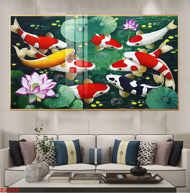 TRANH TRÁNG GƯƠNG CÁ CHÉP CAO BẰNG 8 Tranh Cửu Ngư quần hội bên sen hồng