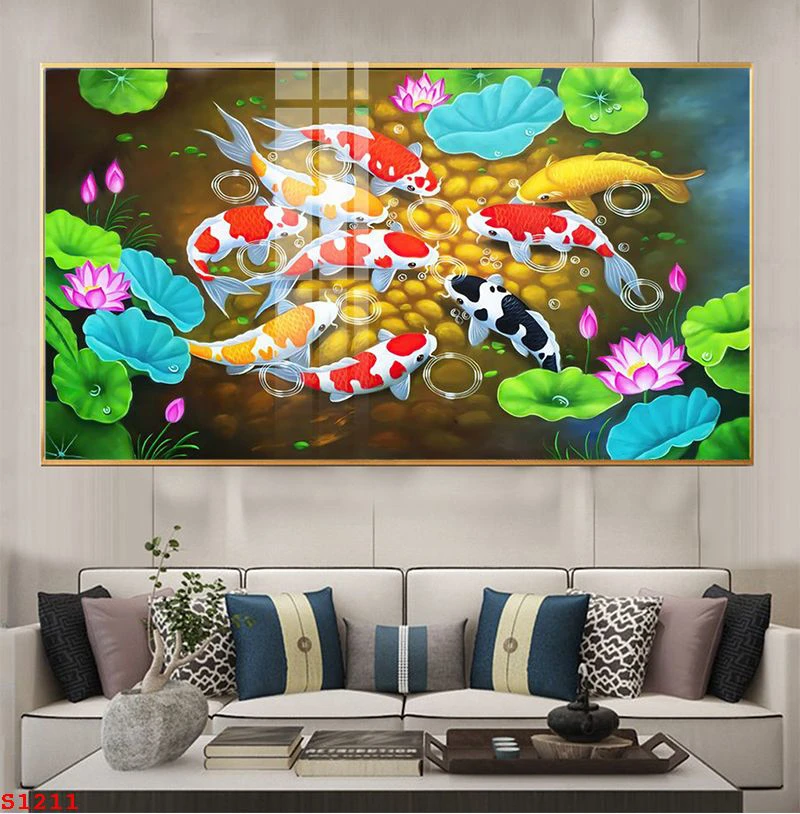 TRANH TRÁNG GƯƠNG CÁ CHÉP CAO BẰNG 9 Tranh Cửu Ngư quần hội bên sen hồng